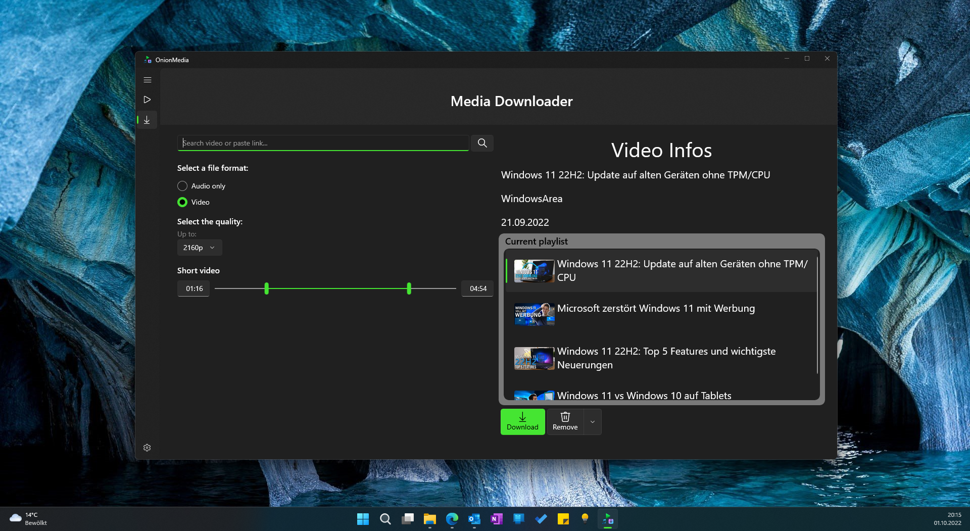Screenshot von OnionMedia, im Menüpunkt Media Downloader, um YouTube-VIdeos zu downloaden unter Windows